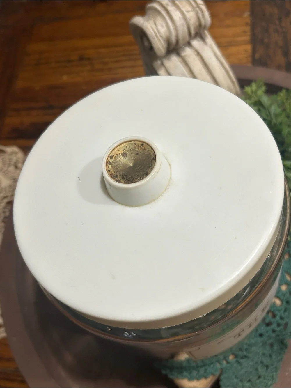 Vintage Pyrex “The Cookie Jar” Glass Canister with Gold Trim - Cream Lid